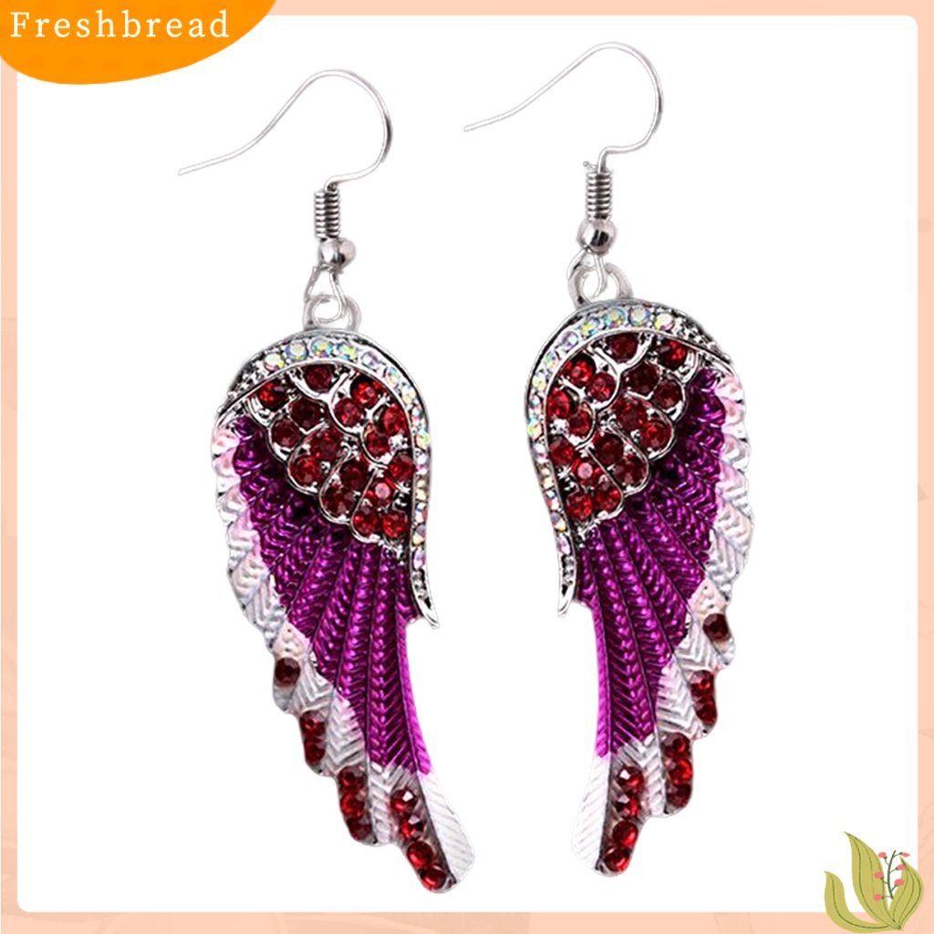 &lt; Freshbread &gt; 1pasang Anting Kait Berlian Imitasi Mengkilap Hias Bentuk Sayap Malaikat Simetris Drop Earrings Perhiasan Wanita