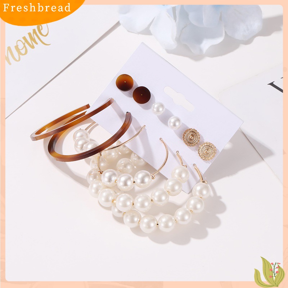 &lt; Freshbread &gt; 6pasang Wanita Mutiara Imitasi Bulat Geometris Menjuntai Ear Stud Hoop Earrings Jewelry