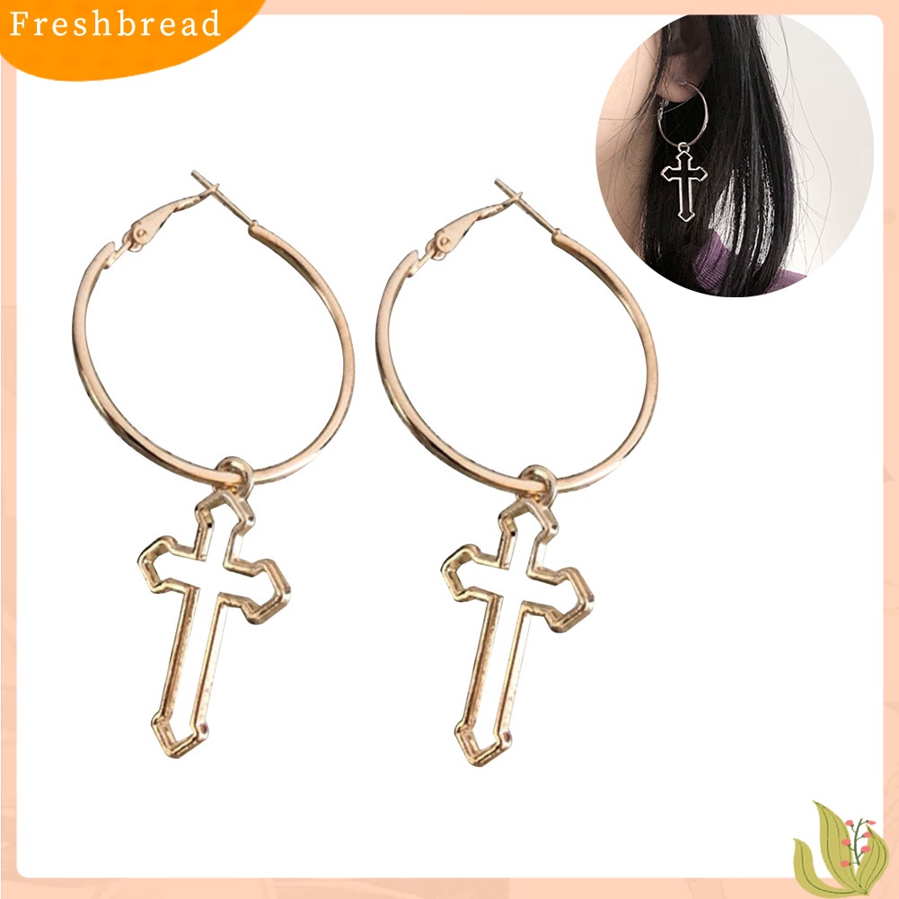 &lt; Freshbread &gt; Punk Wanita Berongga Salib Bulat Menjuntai Drop Hoop Earrings Piercing Perhiasan Hadiah