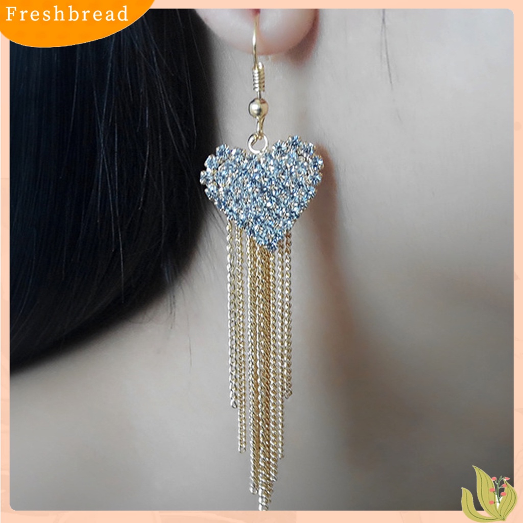 &lt; Freshbread &gt; Temperamen Bersinar Ringan Wanita Anting Hati Berlian Imitasi Rantai Panjang Rumbai Anting Perhiasan Aksesoris