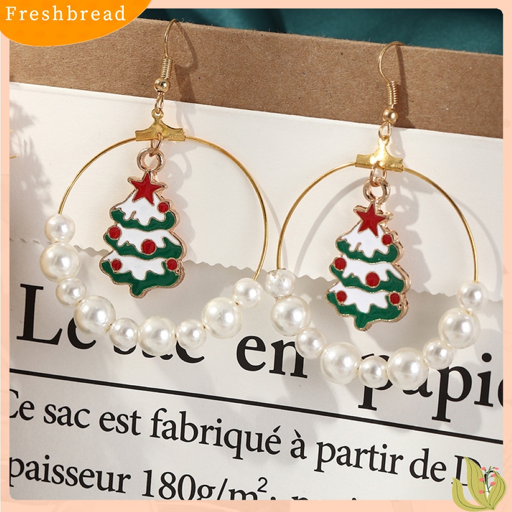 &lt; Freshbread &gt; Wanita Pohon Natal Elk Eardrop Mutiara Imitasi Geometris Hoop Earrings Hadiah Xmas