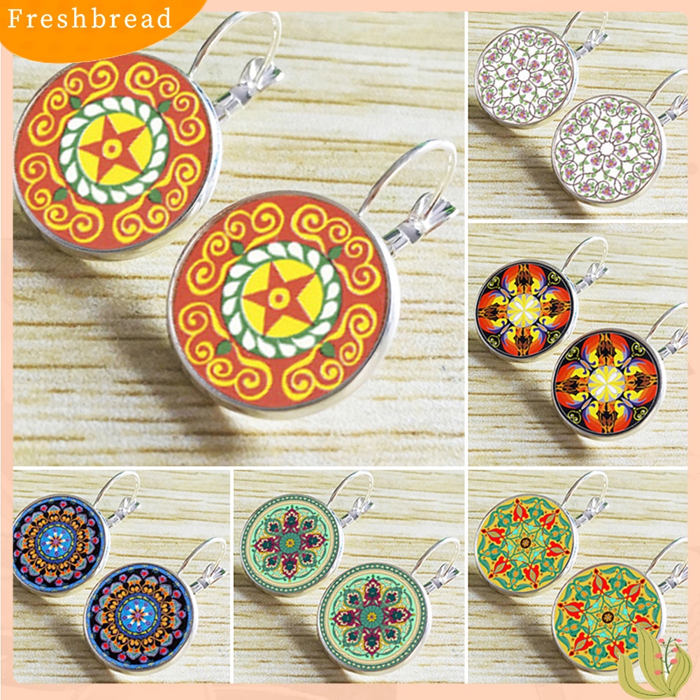 &lt; Freshbread &gt; Multicolor Mandala Bunga Lingkaran Faux Permata Ear Studs Wanita Leaverback Earrings