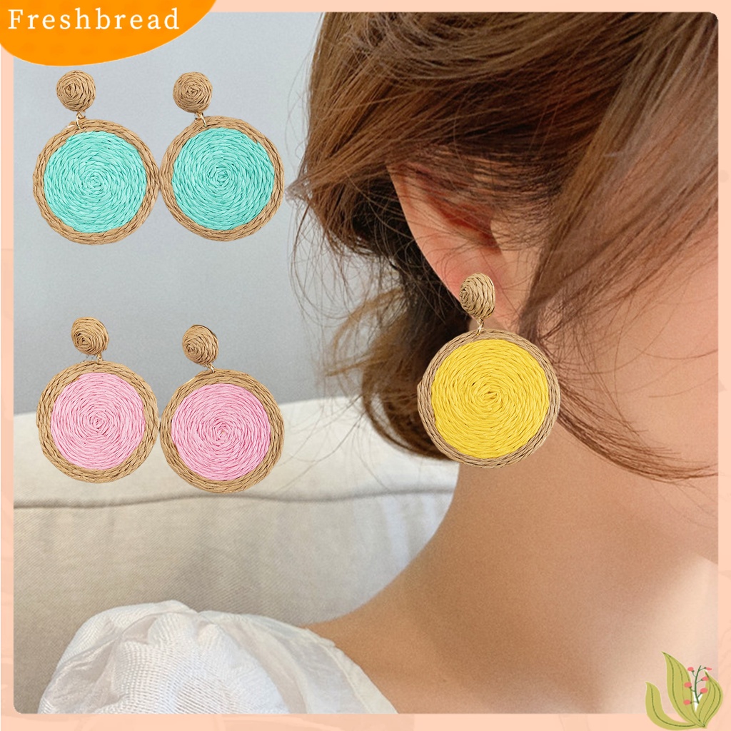 &lt; Freshbread &gt; 1pasang Anting Menjuntai Anyaman Rotan Warna Cerah Bulat Wanita Drop Earrings Aksesoris Perhiasan Untuk Liburan