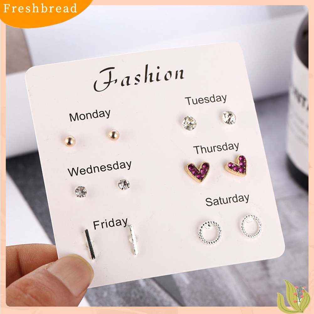 &lt; Freshbread &gt; 6pasang Wanita Snowflake Hati Bintang Daun Permata Imitasi Ear Stud Earrings Perhiasan Hadiah