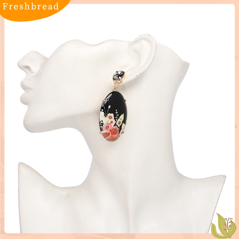 &lt; Freshbread &gt; Wanita Elegan Resin Bentuk Oval Bunga Liontin Anting Berlian Imitasi Bertatahkan Perhiasan