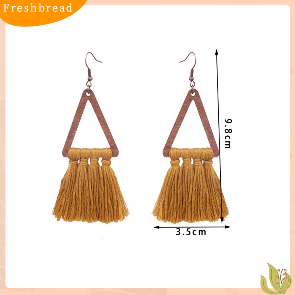 &lt; Freshbread &gt; 1pasang Segitiga Kayu Gaya Etnik Lady Drop Earrings Aksesori Bohemian Benang Katun Rumbai Kait Anting Perhiasan Pesta