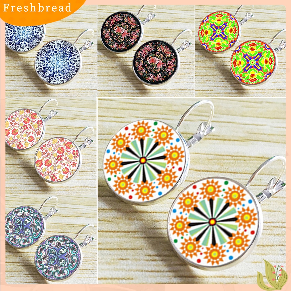 &lt; Freshbread &gt; Retro Mandala Bunga Bulat Perunggu Klip Telinga Gadis Wanita Leaverback Earrings