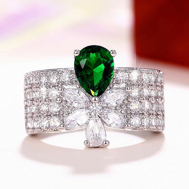 Vintage Green Cubic Zirconia Ring Temperamen Cincin Jari Bunga Manis Untuk Wanitapestahadiah Anniversary