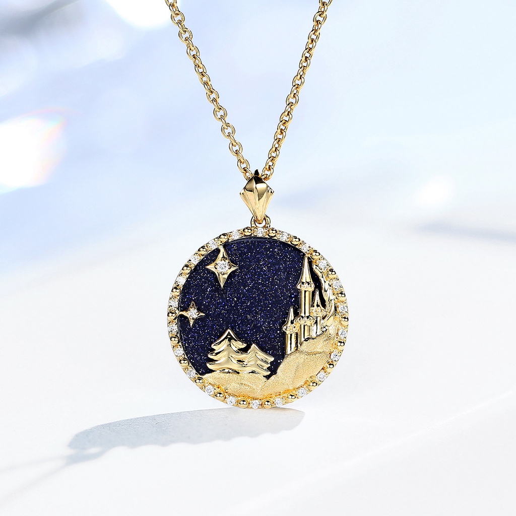 Goldkingdom Fashion Perhiasan Aksesoris Ready Stock Kreatif Es Dan Salju Beruntung Kalung Biru Berlapis Dengan Emas Geometris Castle Constellation Perhiasan Gadis