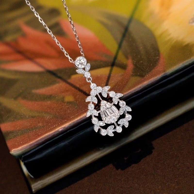 Goldkingdom Fashion Perhiasan Aksesoris Ready Stock Fashion Vine Water Drop Pendant Platinum Plated Kalung Berlian Moissanese Untuk Wanita