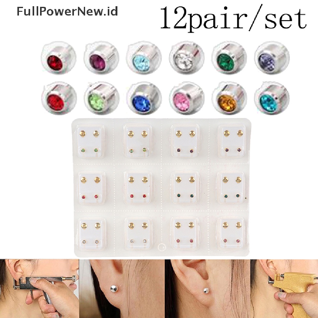 Power 12pasang Anting Alat Ear Stud Surgical Steel Earrings Jewelry ID