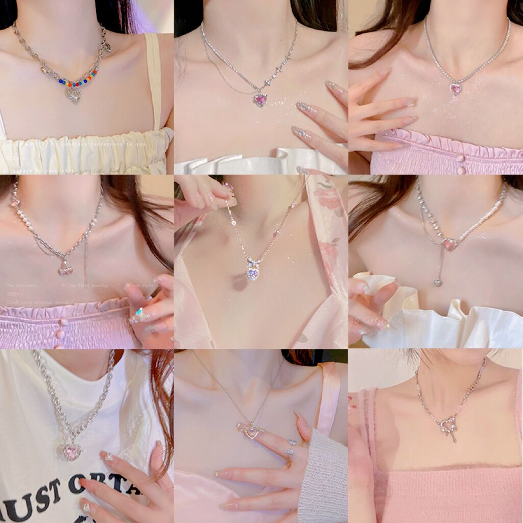 Sweet Pink Zircon Pendant Necklace Untuk Wanita Hati Perak Rantai Kalung Choker Y2K Aksesoris Perhiasan