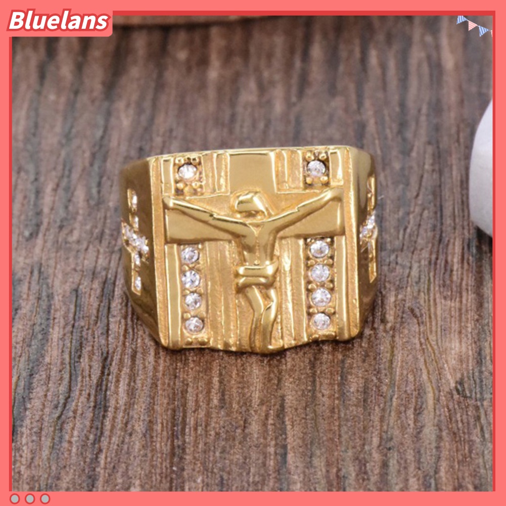 {In Stock} Chic Salib Yesus Ukir Cubic Zirconia Bertatahkan Cincin Unisex Perhiasan Pernikahan Hadiah