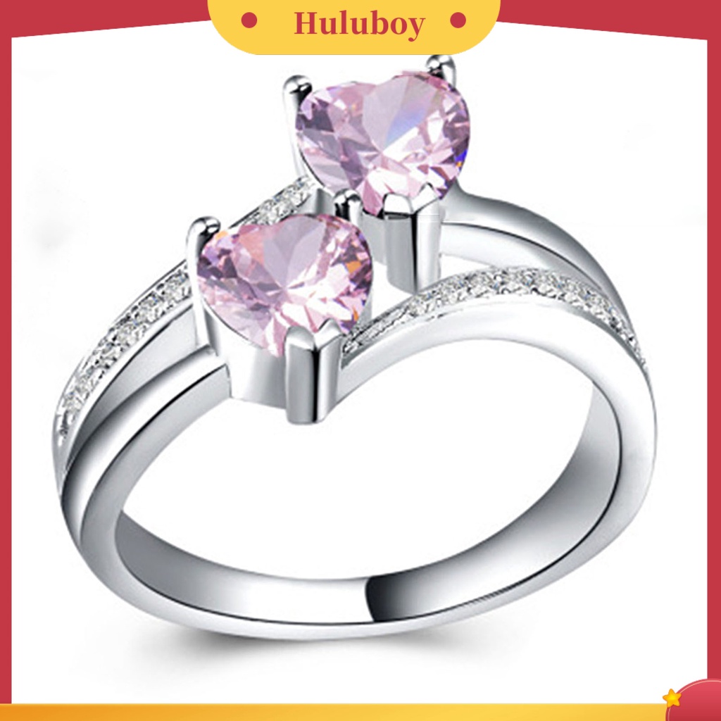 {Ready Stock} Cincin Wanita Double Heart Sparkling Cubic Zirconia Fashion Penampilan Pita Jari Untuk Pesta