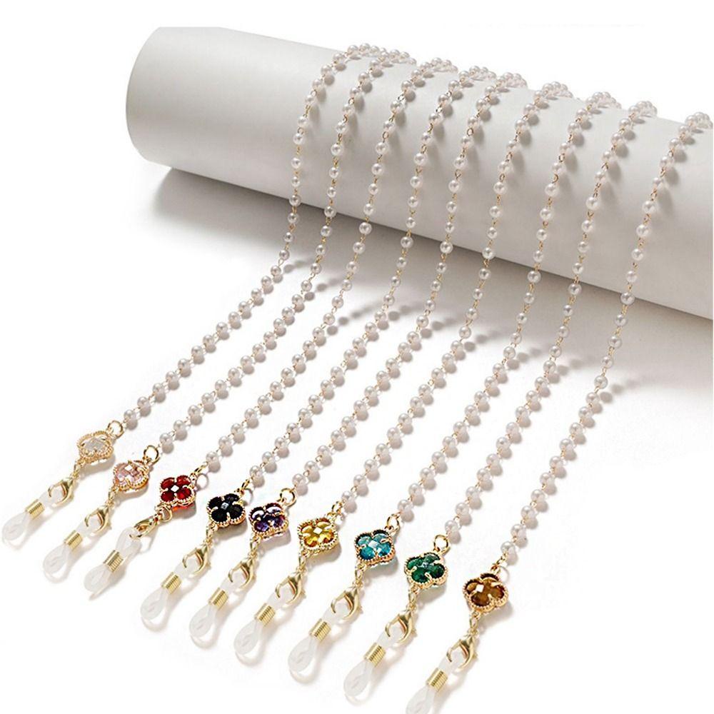 Mxbeauty Rantai Kacamata Logam Anti-lost Fashion Rantai Gantung Mutiara Empat Daun Semanggi Tontonan Cord Masker Lanyard Warna-Warni Berlian Imitasi Kristal Manik-Manik Kacamata Rantai