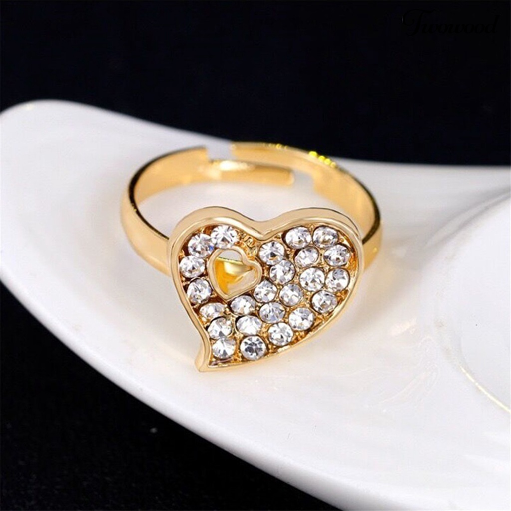 Twowood 4pcs/Set Perhiasan Wanita Bentuk Hati Hias Berlian Imitasi Warna Emas Shiny Lady Gelang Cincin Set Untuk Pernikahan