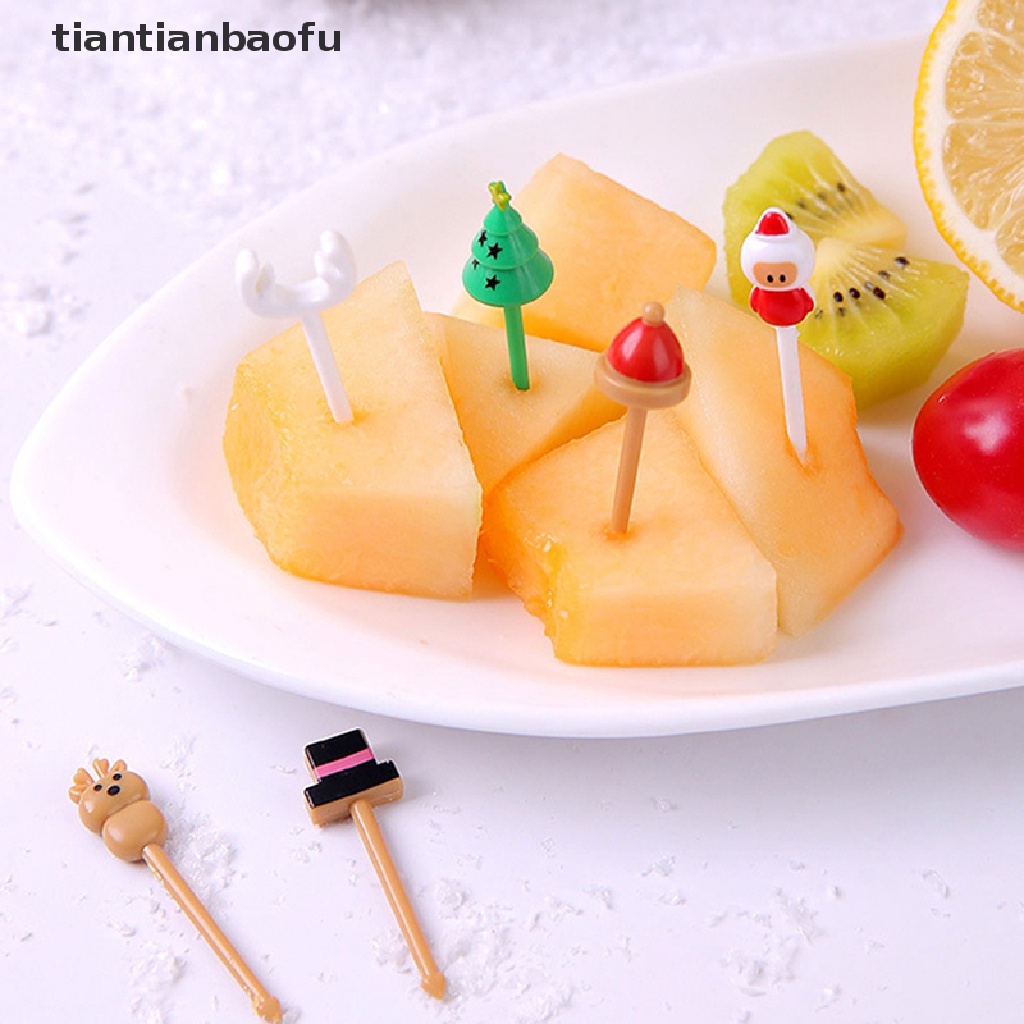 [tiantianbaofu] 4/8pcs Merry Christmas Hewan Buah Garpu Mini Kartun Anak Kue Buah Tusuk Gigi Butik