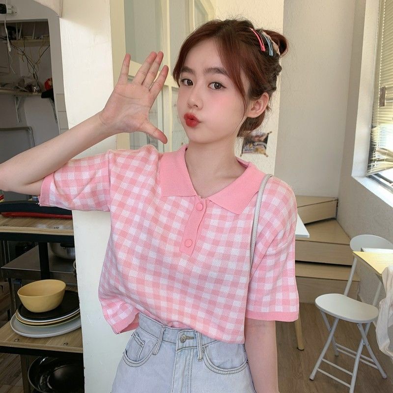 TOPGROSI TG1689 Atasan Knit Kotak Kotak Berkerah Import Crop Top Wanita Lengan Pendek Rajut Nyaman