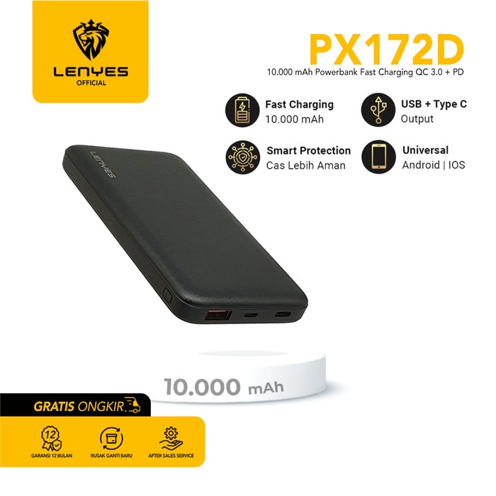 Powerbank Fast Charging LENYES PX172D 10000MAH Real Capacity - Hitam portable power bank emergency charger