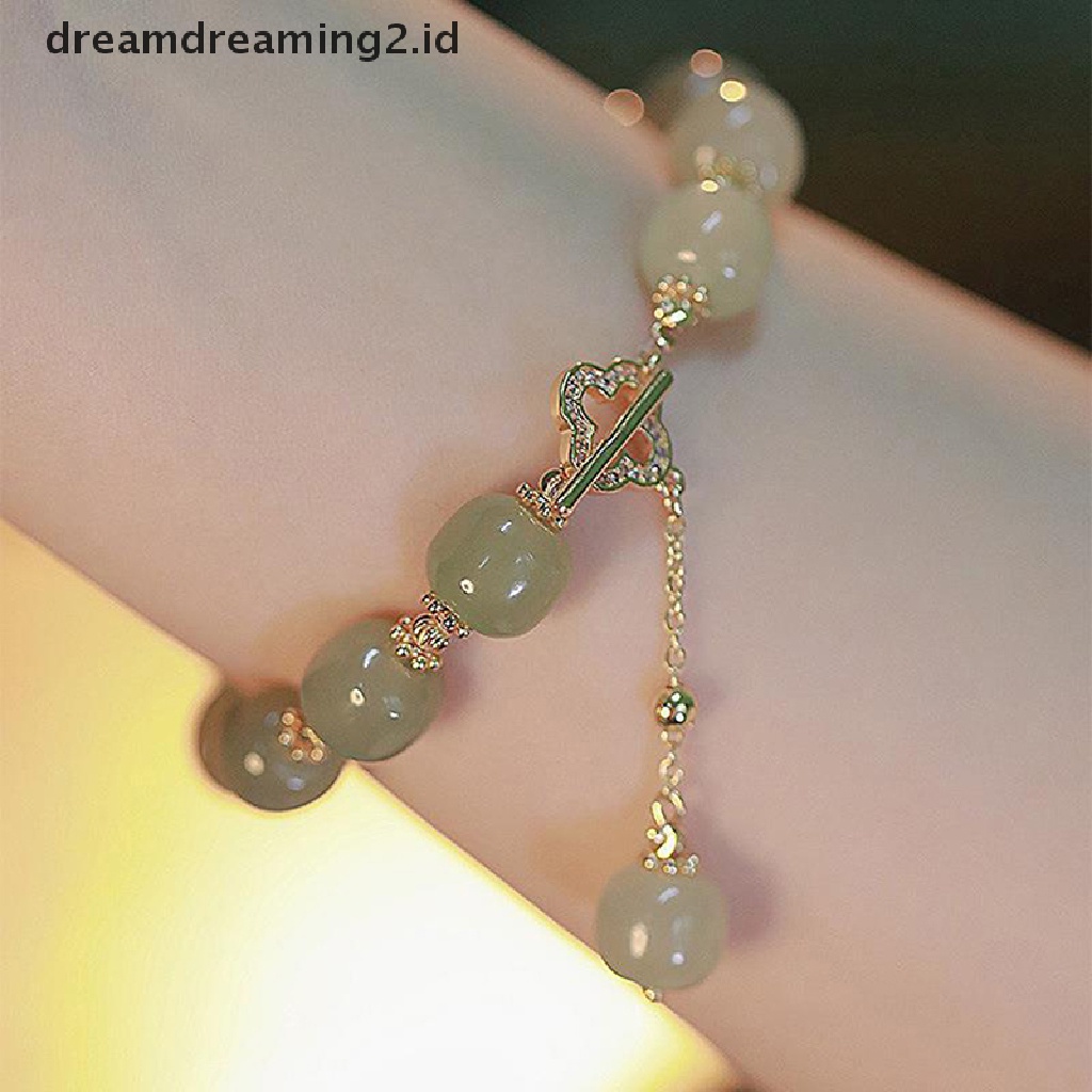 (hot) Vintage Cahaya Imitasi Hetian Jade Beaded Charm Gelang Pesta Santai Mutiara Zirkon Perhiasan Fashion Untuk Wanita Hadiah//