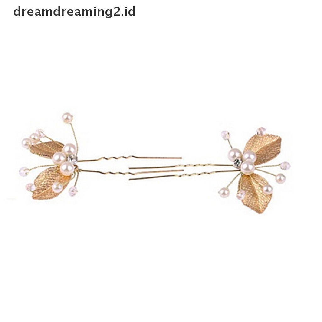 (hot) 4 Pcs Wanita Bridal bridesmaid Mutiara Emas Daun Headpiece Rambut Pin Jepit Rambut Pernikahan//