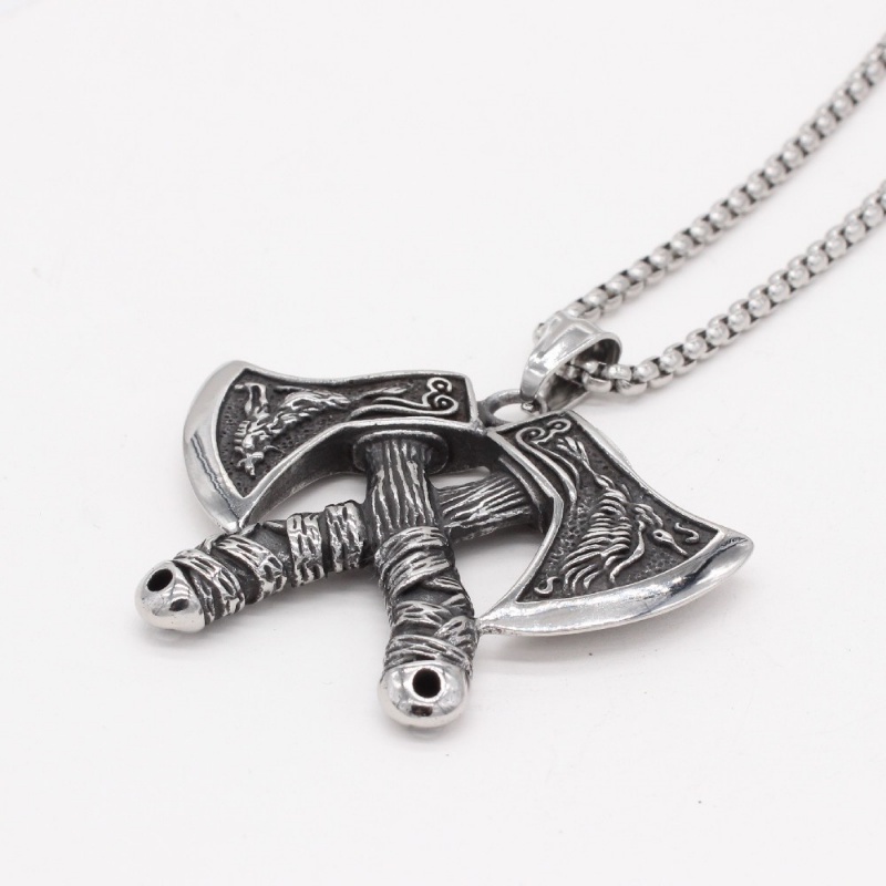 [X C Kalung] Pria Kalung Viking Tomahawk Baja Titanium Liontin Hip Hop Punk Gothic Vintage Fashion Perhiasan Aksesoris