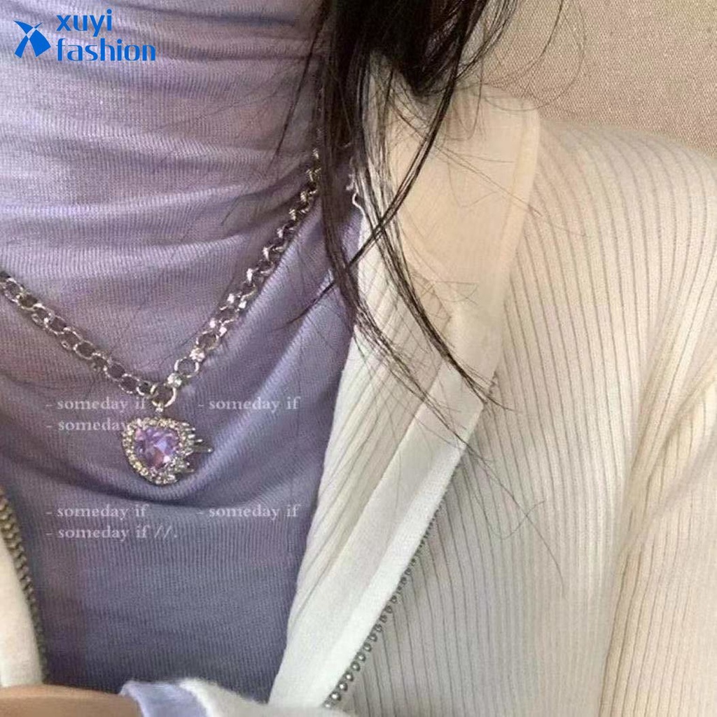 Fashion Kalung Liontin Zirkon Kristal Ungu Jantung Choker Rantai Perak Untuk Aksesoris Perhiasan Wanita