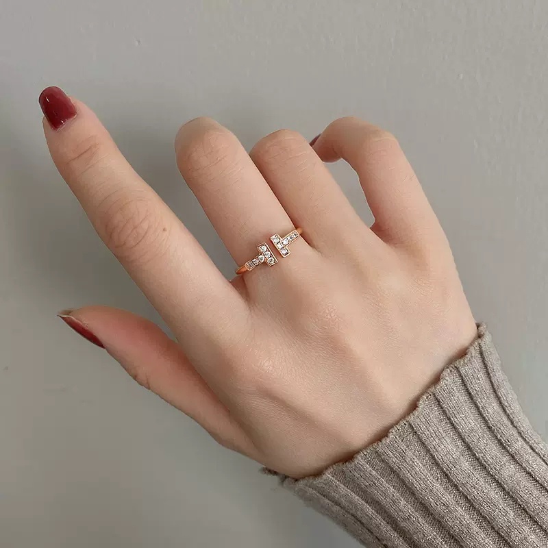 Roselife Korea Fashion Perak Emas Zirkon Mengkilap Ganda T Terbuka Cincin Untuk Wanita Gadis Klasik Pecinta Pasangan Rings Cuff Finger Jewelry Gift