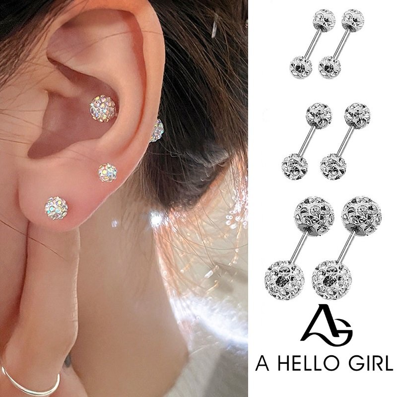 Ahellogirl Anting Tusuk Spiral Bola Berlian Flash Jarum Silver S925 Untuk Wanita