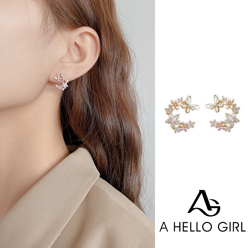 Anting Bentuk C Desain Bunga Aksen Zircon Gaya Korea Untuk Wanita
