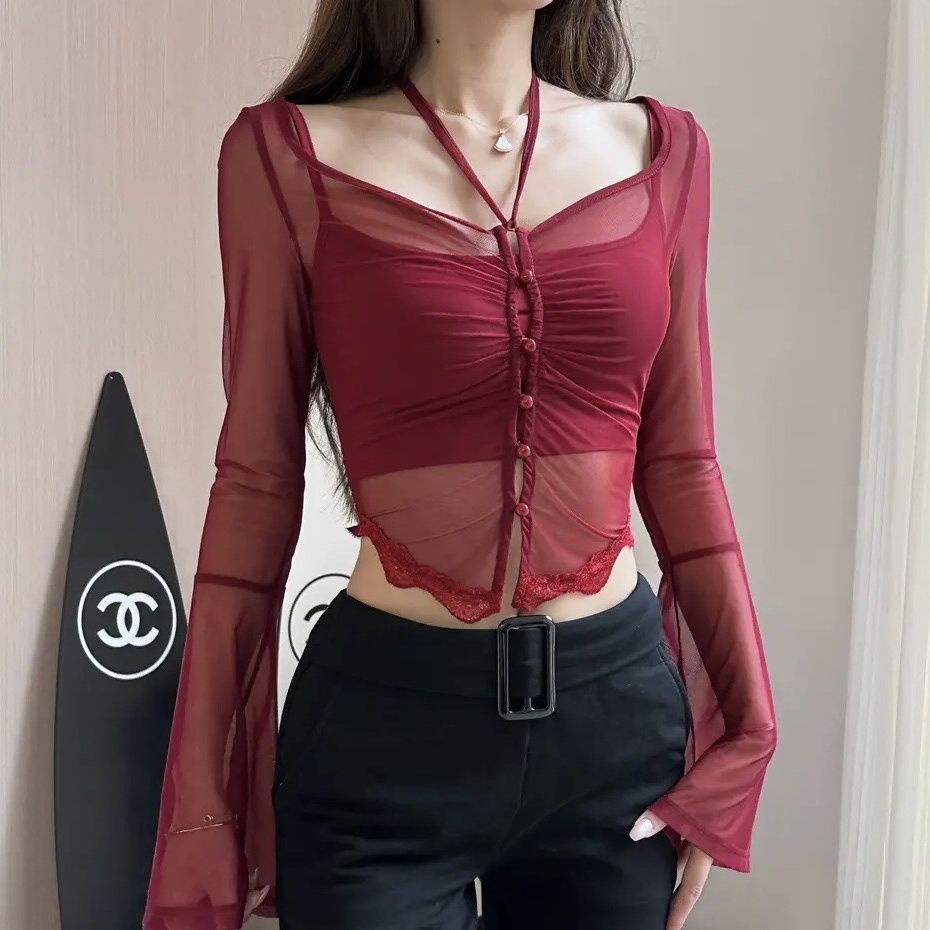 Red Keinginan murni gadis panas gaya desain akal ceruk kamisol halter neck cardigan pendek bottoming atas pelangsing perempuan