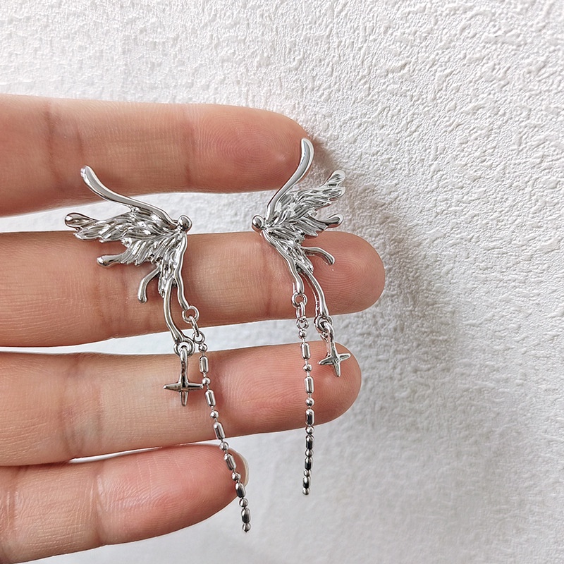 Ifyou Anting Sayap Elegan Anting Rumbai Bintang Silver Untuk Aksesoris Perhiasan Wanita