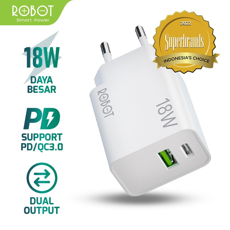 ROBOT Dual Port Charger Quick Charging RT-F2 QC 3.0 Micro USB Type-C Dual Output USB-A dan USB-C  - Garansi RESMI 1 Tahun