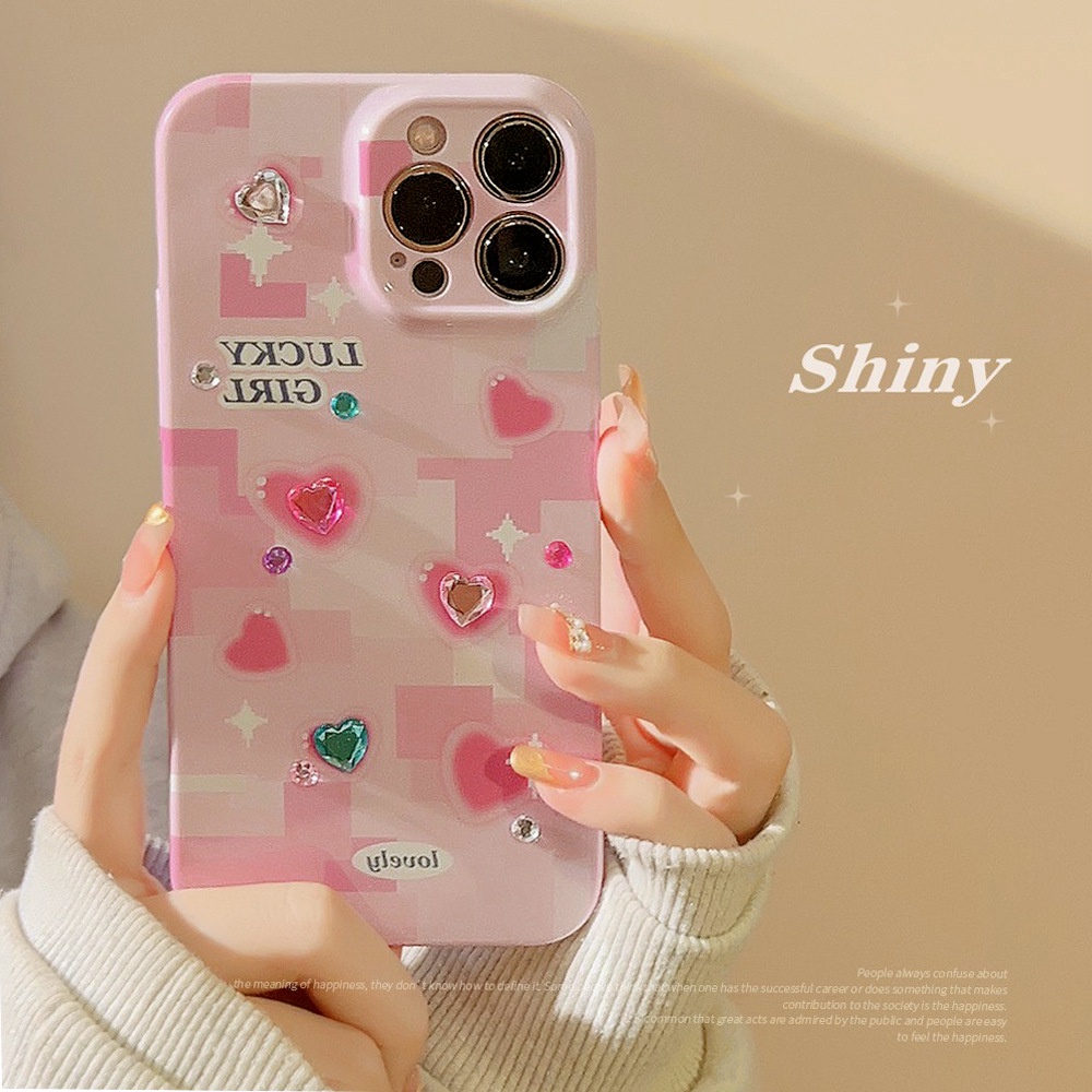 IPHONE Ins Y2K Pink Ponsel Hard Case Film Cover Dengan DIY Cinta Hati Berlian Imitasi Stiker Untuk Iphone7 8 PLUS X XR XS 11 12 13 14 PRO MAX SE 2020