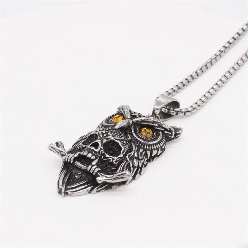 [X C Kalung] Perak Retro Burung Hantu Tengkorak Baja Titanium Liontin Kalung Desain Kecil Punk Hip Hop Aksesoris Fashion Pria Dan Wanita