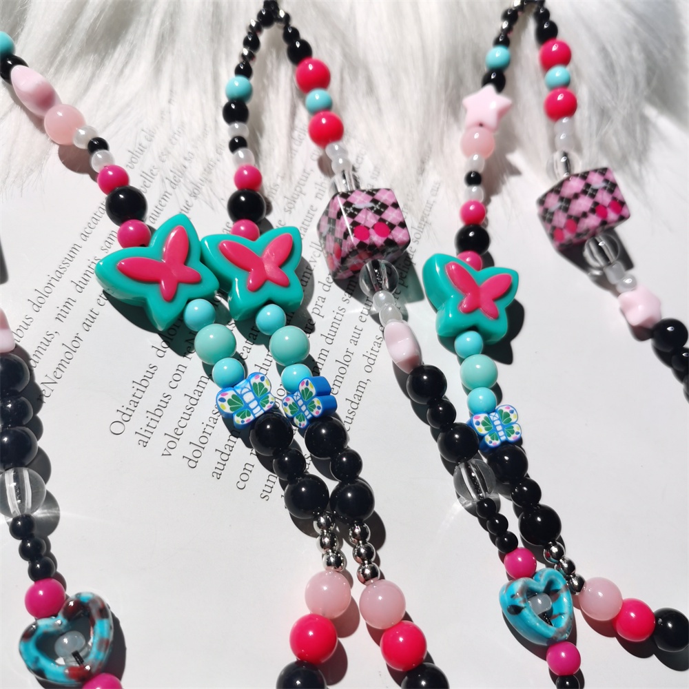 Y2k Gaya Kupu-Kupu Dadu Rantai Ponsel Anti Hilang Lembut Tembikar Tali Strap Lanyard Manik-Manik Akrilik Warna-Warni Kasus Ponsel Kabel Gantung L158-1