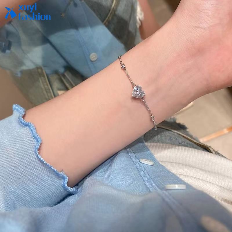 Gelang Hati Kristal Sederhana Gelang Serut Silver Zircon Untuk Aksesoris Perhiasan Wanita