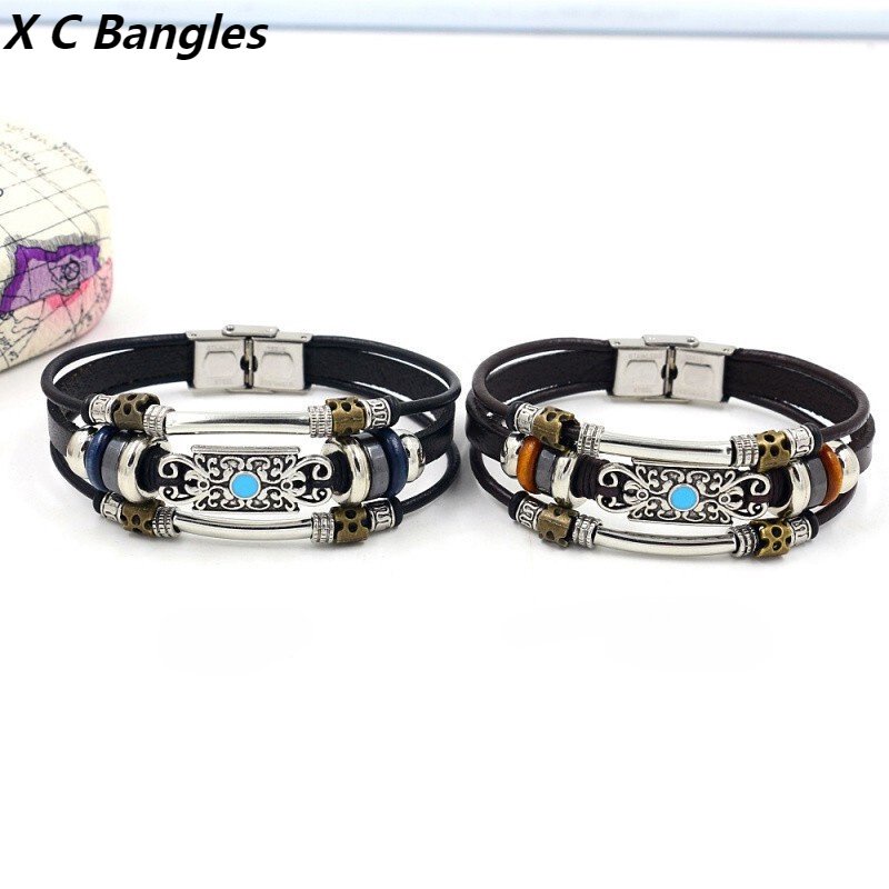 [X C Gelang] Baru Gelang Pasangan Stainless Steel Hitam Kulit Vintage Hip Hop Punk Gelang Kulit Lengan Manik-Manik Multilayer Zinc Alloy Anyaman Gelang