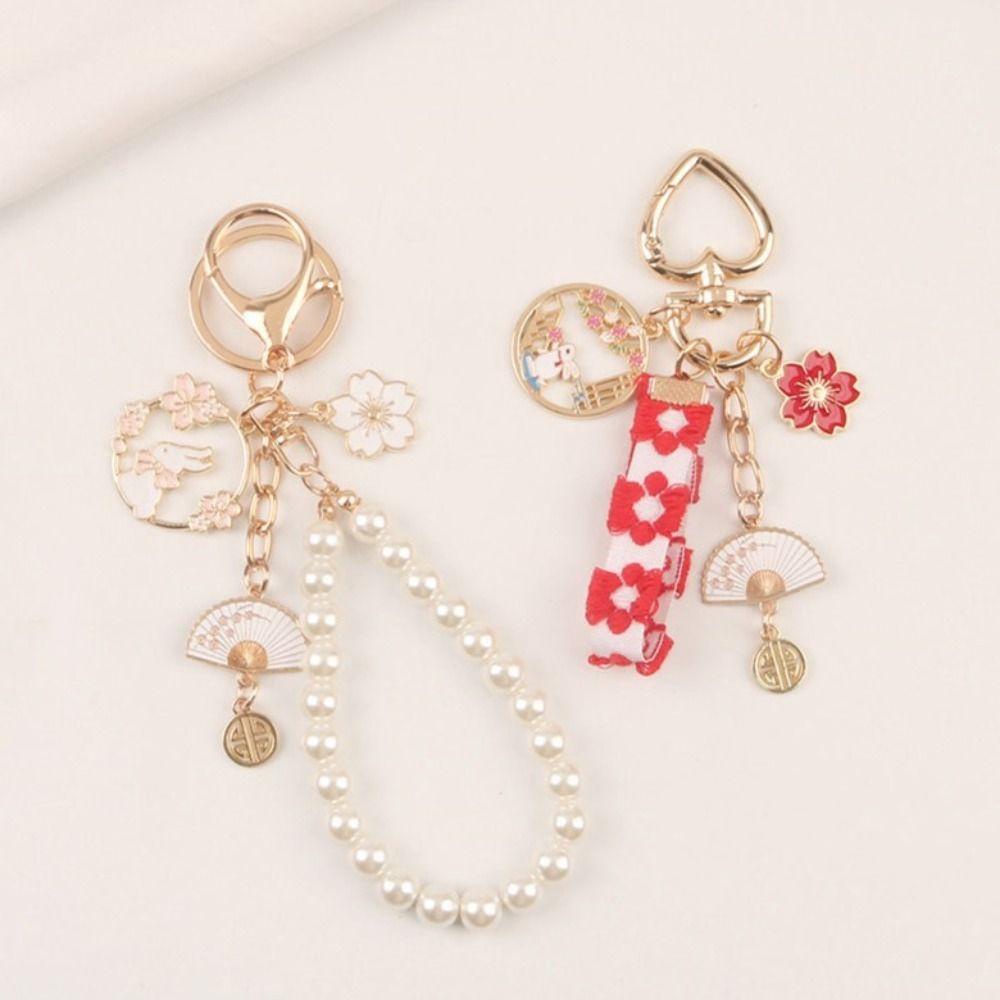 Agustin Gaya Korea Liontin Gantungan Kunci Mobil Fashion Kipas Mutiara Kawaii Sakura Rabbit Keychain