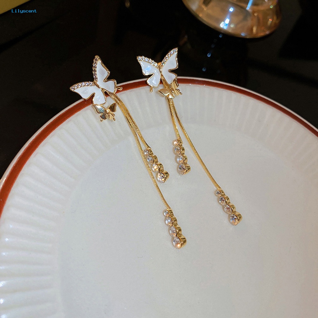 Lilyscent Desain Sederhana Anting Panjang Aksesoris Fashion Hias Berlian Imitasi Kupu-Kupu Stud Earrings Rumbai Panjang