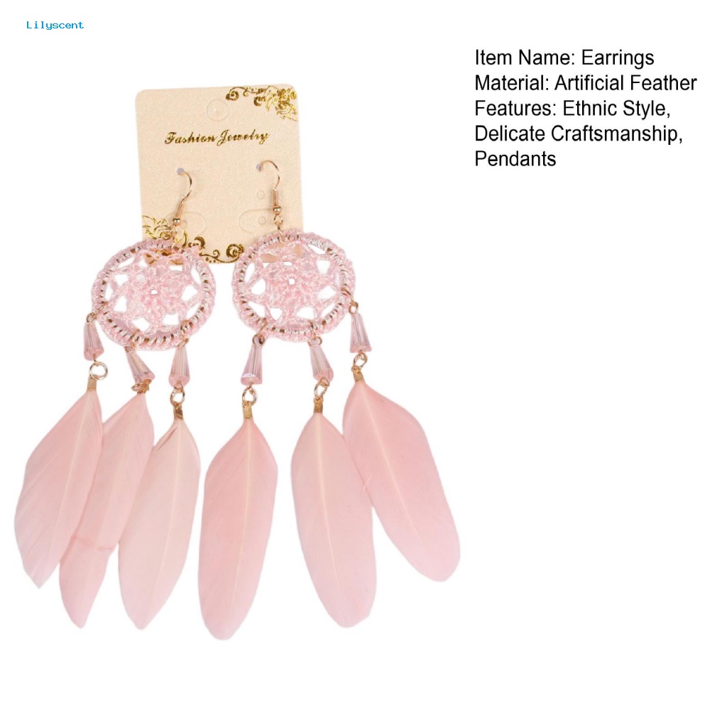 Lilyscent 1pasang Anting Kait Elegan Kostum Aksesoris Panjang Bulu Palsu Dreamcatcher Earrings Liontin