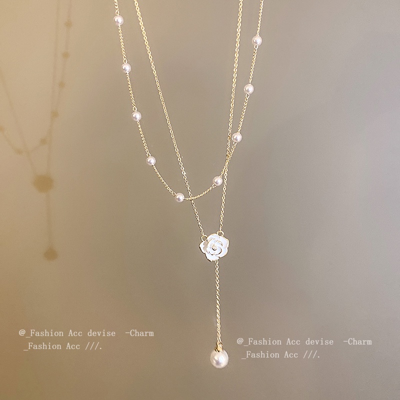 Camelia Liontin Emas Kalung Wanita Elegan Kalung Ganda Mutiara Rantai Choker Aksesoris Fashion Perhiasan