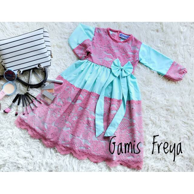 GAMIS BROKAT ANAK & DEWASA "' FREYA "'WARNA MINT - DUSTY PINK