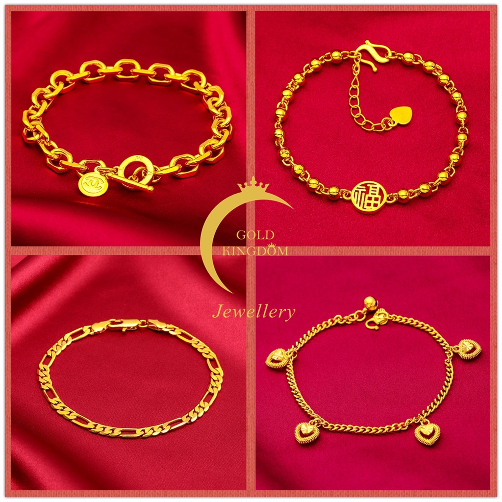 Goldkingdom Aksesoris Perhiasan Fashion Ready Stock Minimalis Lapis Emas 24k Gelang Wanita Cinta Manik-Manik Emas Bulat Merek Liontin Gelang Tipis