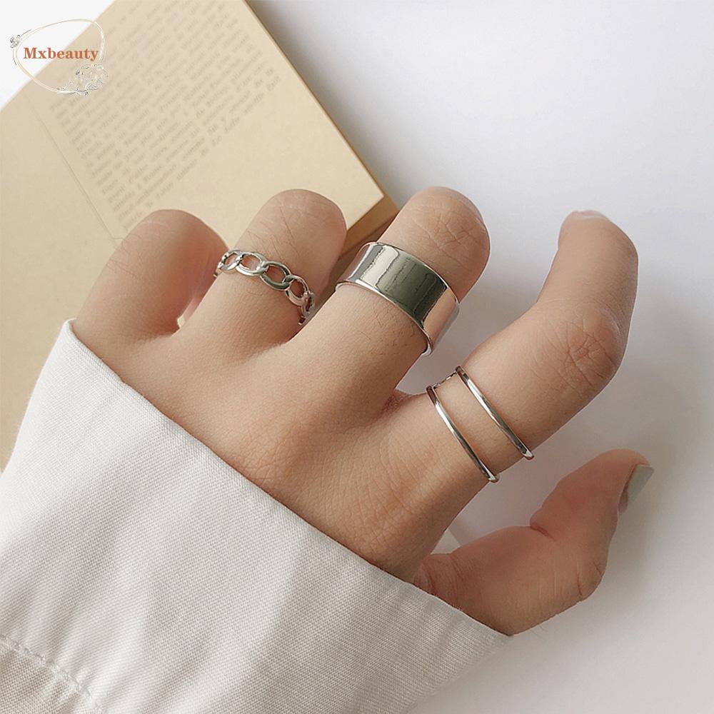 MXBEAUTY 3Pcs/set Rings Set Wide Ring Chain Jewelry Open Rings Round Geometric Metal Vintage Korea Simple Women Gifts/Multicolor