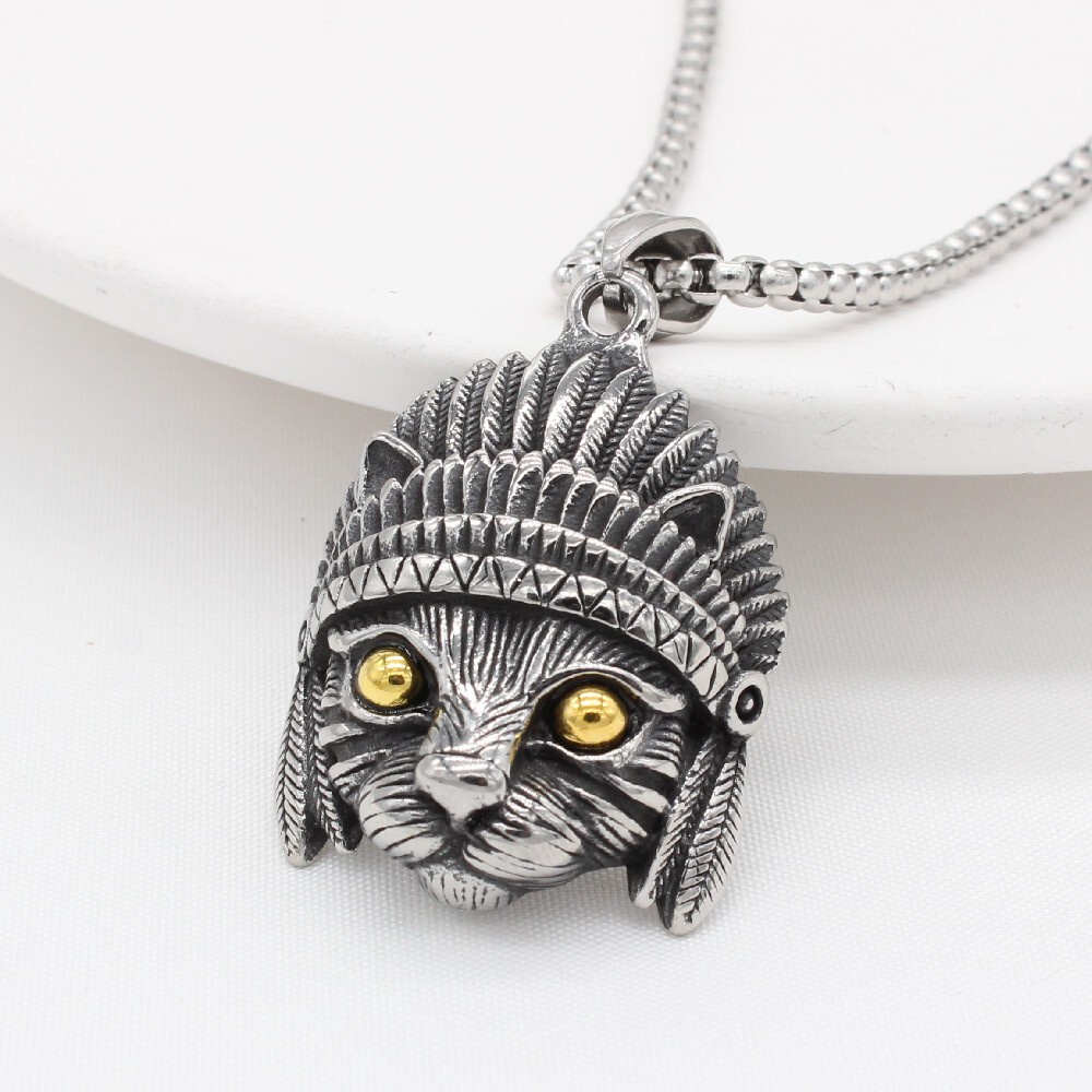 [X C Kalung] Hip Hop Punk Gothic Vintage Perak Titanium Steel Liontin Wanita Bulan Kucing Kelinci Kepala Kalung Rock Pesta Fashion Perhiasan