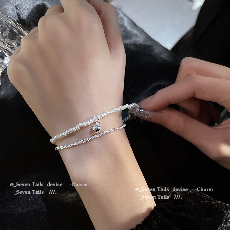 Yeezii Blingbling Gelang Ganda Untuk Wanita Manik-Manik Mutiara Gelang Perak Aksesoris Elegan Perhiasan