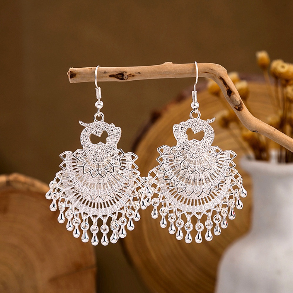 Anting Vintage Boho Etnik Geometris Manik Rumbai Drop Untuk Wanita Retro Warna Silver Perhiasan Ear Hook