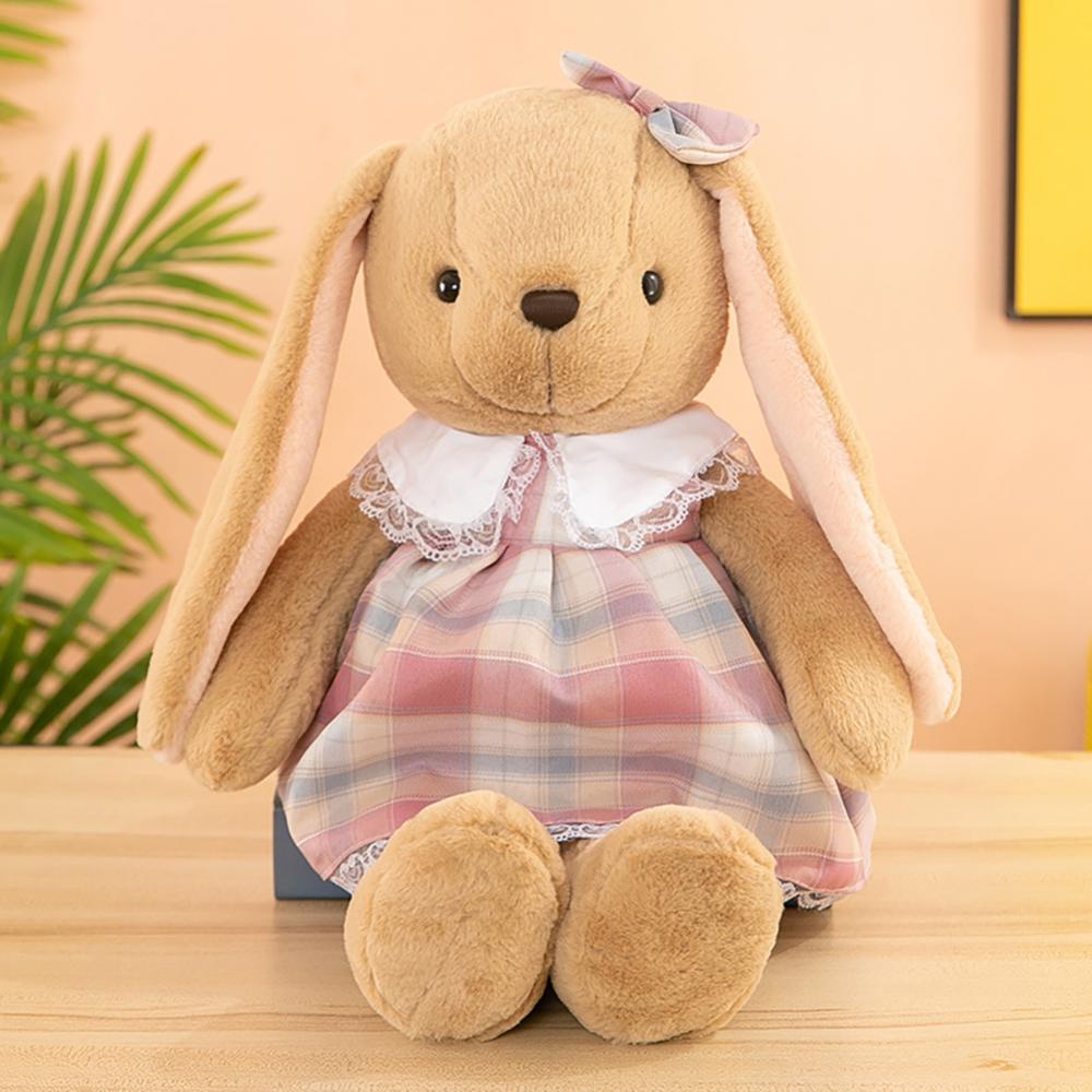 Timekey 35 cm Kelinci Lucu Mainan Mewah in Plaid Dress Panjang Telinga Boneka Lembut Bunny Doll Mainan Tidur Anak Perempuan Anak Bayi Plush Animal Mainan Ulang Tahun A7U2