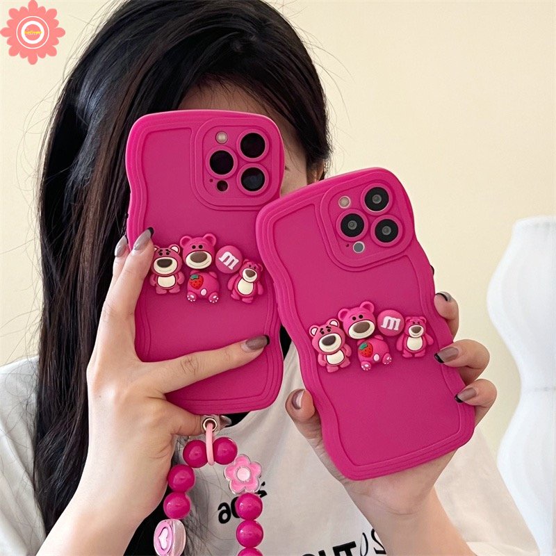 IPHONE 3d Boneka Kartun Strawberry Bear Bow Rose Red Case Kompatibel Untuk Iphone11Xr 7Plus 14 12 13 Pro Max7 8 14 Plus X XS MAX Mewah Shockproof Wavy Edge Back Cover